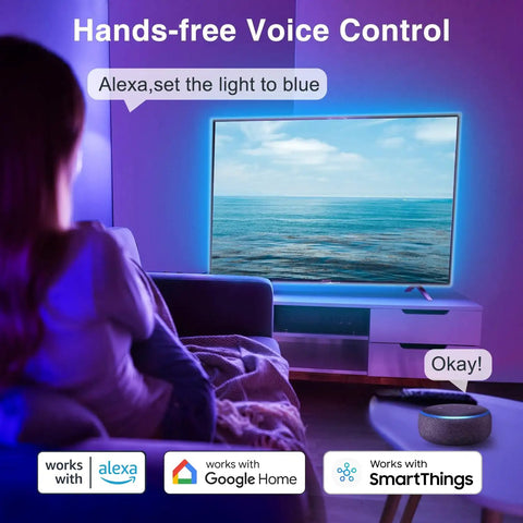 Smart TV LED Backlights For 45 To 75 Inch TVs Eight Segment RGB Light Strips With WiFi Google Home Voice Control setup