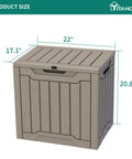 31 Gallon Outdoor Storage Deck Box With Lockable Lid, Waterproof Resin Construction, showing dimensions: 22x17.1x20.8 inches, Taupe