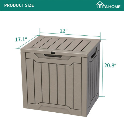 31 Gallon Outdoor Storage Deck Box With Lockable Lid, Waterproof Resin Construction, showing dimensions: 22x17.1x20.8 inches, Taupe