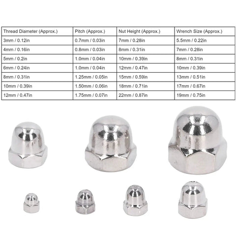 Fabater 50 Pcs A2 70 Stainless Steel Cap Nut Kit With Precise Threads For Auto Repair, Machining And Heavy Equipment Maintenance Installation Durable And Secure Fit Fastener Accessory, size chart