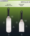Two stainless steel spatulas with black handles, labeled as Flat Top Griddle Turner and Hamburger Flipper with measurements.