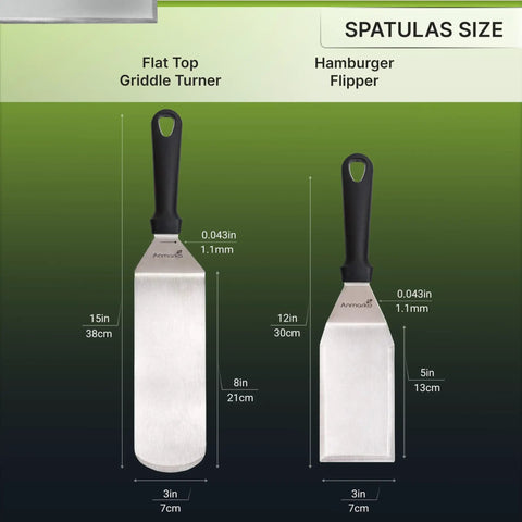 Two stainless steel spatulas with black handles, labeled as Flat Top Griddle Turner and Hamburger Flipper with measurements.