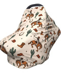 Patterned All In One Baby Car Seat Canopy And Nursing Cover, Breathable Multi Use Shield With Cowboy and Cactus Print