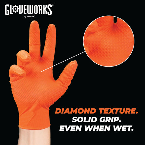 Close-up of orange nitrile glove showcasing raised diamond grip texture, marketed as Orange Nitrile 8 Mil Heavy Duty Gloves with Raised Diamond Grip For Mechanics XL.