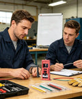 Two men using a Professional Manual Wire Stripping Machine With Hand Crank For Efficient Copper Recovery in a workshop.