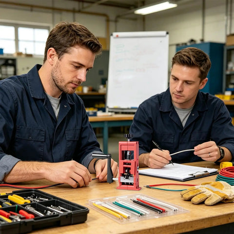 Two men using a Professional Manual Wire Stripping Machine With Hand Crank For Efficient Copper Recovery in a workshop.