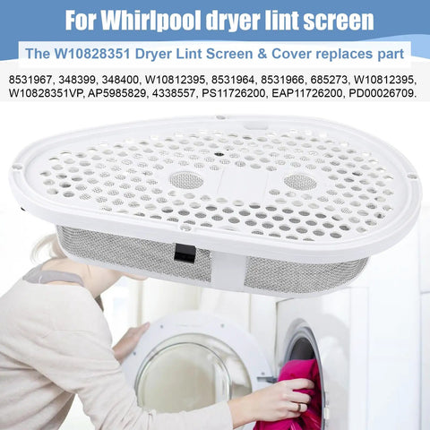 Lint Filter Screen Replacement W10828351 with dryer, plastic frame, stainless steel mesh for models 8531964, 8531967 shown