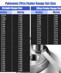 Pylevemv feeler gauge set, 2pcs, 32 straight + 16 offset blades, SAE/metric stainless steel, front view