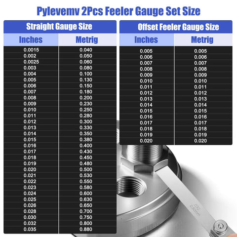 Pylevemv feeler gauge set, 2pcs, 32 straight + 16 offset blades, SAE/metric stainless steel, front view