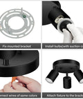 Installation steps for Three Light Matte Black Track Lighting Kit With Adjustable GU10 Heads for ceiling and wall mount.