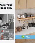 Before and after kitchen organization with wall-mounted shelf for pots, pans, and utensils.