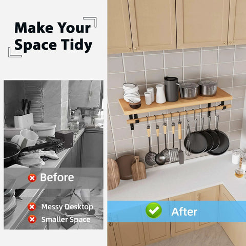Before and after kitchen organization with wall-mounted shelf for pots, pans, and utensils.
