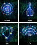 Four Pack Solar Garden Lights With 120 LED Copper Wire Waterproof Fireworks Design Flexible Stakes For Pathway And Lawn Remote Included 8 Modes Colorful Glow For Outdoor Backyard Ambiance; fireworks, lantern, heart, and fan designs.