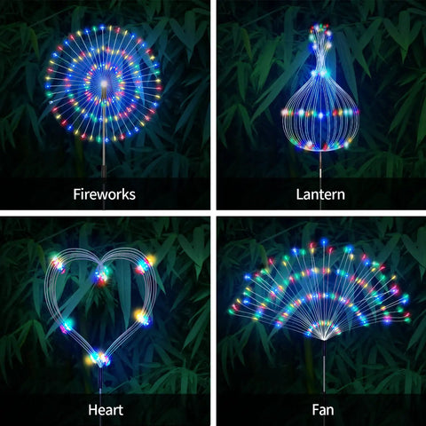 Four Pack Solar Garden Lights With 120 LED Copper Wire Waterproof Fireworks Design Flexible Stakes For Pathway And Lawn Remote Included 8 Modes Colorful Glow For Outdoor Backyard Ambiance; fireworks, lantern, heart, and fan designs.