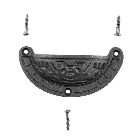 Premium Black Wrought Iron Cup Pulls 4 X 2 Inch Cabinet Drawer Handles Pack Of Six with detailed geometric design and screws.
