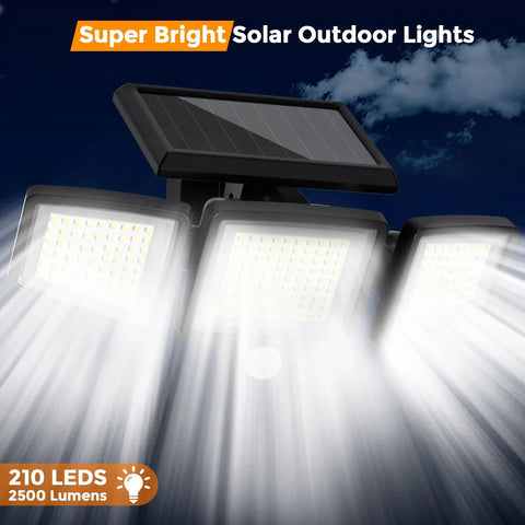 Outdoor Solar Flood Lights 210 LED 2500LM Three Head Motion Sensor lit in night sky illustration