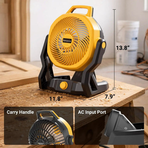 Cordless Jobsite Fan With 750 CFM, Battery Powered Portable Shop Fan, Brushless Motor, Includes AC Adapter, Perfect For Camping, Garage, Workshop And Outdoor Use, Tool Only, shown on workbench with size dimensions.
