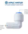 Side view of APEC 1/4-inch quick-connect check valve, white plastic with blue cap.