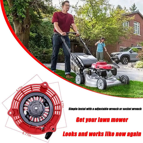 Man mowing lawn with Pull Start Recoil Starter For Honda GCV135 GCV160 Engines Fits EN2000 EN2500 Generators Lawn Mower Parts