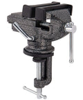 Universal Table Vise 3-Inch clamp-on bench vise with 360° swivel base, black speckled metal front view