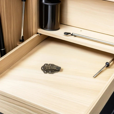 Top Shelf 6 Piece Bronze Toolbox Toggle Latches With Catch And Hasp Hardware for wood box, showing latch on wooden drawer.