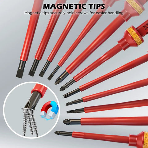 1000V Insulated Electrician Screwdriver Set With Pro Grade Magnetic Tips showing various screwdriver heads and magnetic tips illustration.
