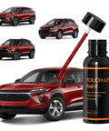 Crimson Touch Up Paint Kit For Chevy - DIY Scratch Repair And Automotive Paints with bottle and brush, cars shown in background.