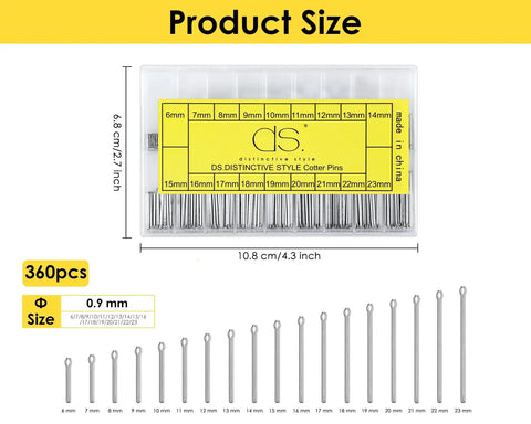 360 Piece Watch Band Link Cotter Pins Set 6 To 23mm Stainless Steel Repair Kit with labeled storage box and pin sizes shown.