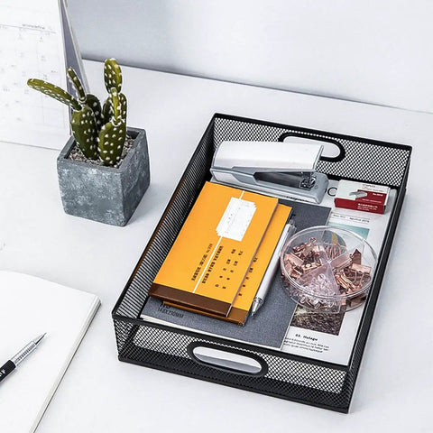 Two Pack Metal Mesh Desk Drawer Organizer Tray Set With Handles shown with office supplies on desk