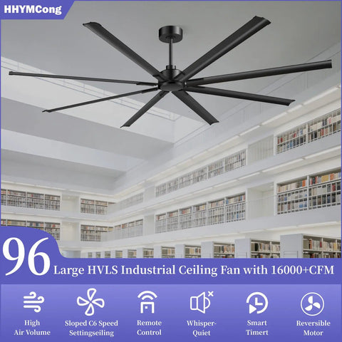 96 Inch Industrial Ceiling Fan With DC Motor, 6 Speeds Reversible, 8 Aluminum Blades installed in a spacious indoor area