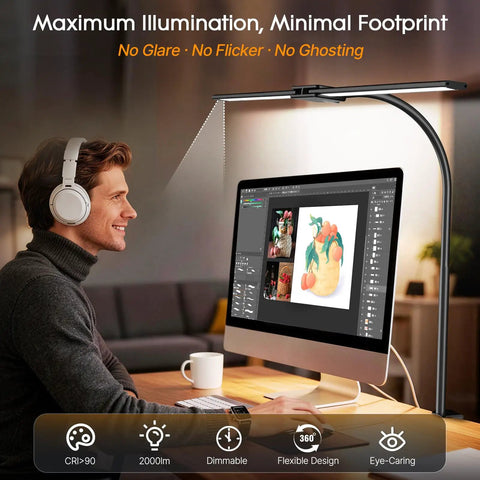 3 In 1 LED Floor Lamp Desk Clamp On With Remote Control showcasing adjustable gooseneck lighting over a desk with computer