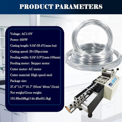 Heavy Duty Automatic Wire Cutting Machine For Stainless Steel And Copper Wire No Fuss Metal Stripper and Welding Cable Trimmer Fast Electric Tool with specs visible.