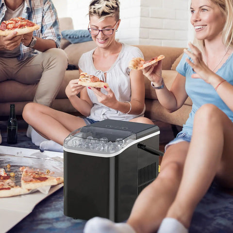 Top Notch Portable Ice Maker creating nine bullet cubes in six minutes, perfect for summer fun with friends.
