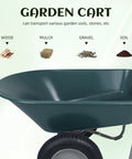 Two Wheel Garden Wheelbarrow Cart With Built In Stand For Home Yard Work showing capacity for wood, mulch, gravel, soil