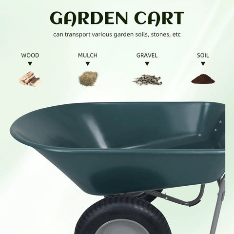 Two Wheel Garden Wheelbarrow Cart With Built In Stand For Home Yard Work showing capacity for wood, mulch, gravel, soil