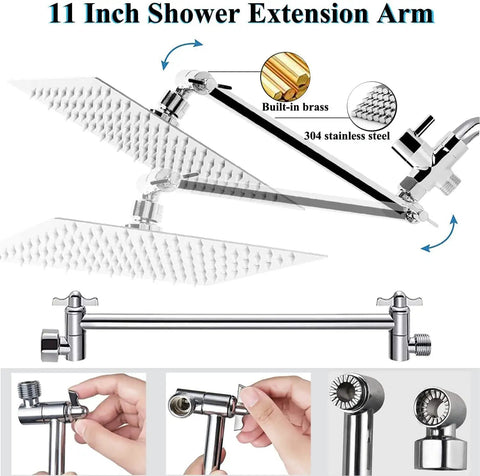 Big 10 Inch Square Rain Shower Head With Handheld Spray, 11 Inch Extension Arm, Chrome Finish, built-in brass and stainless steel components