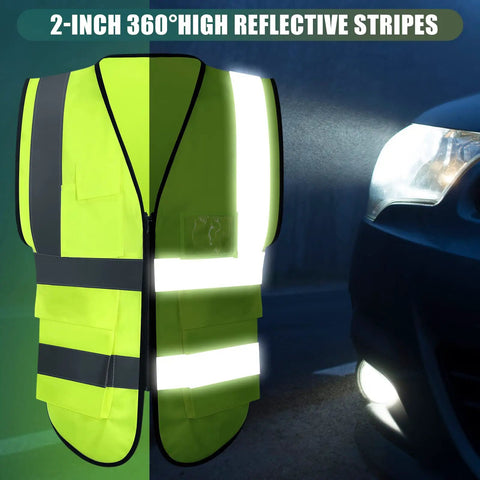 10 Pack Reflective Safety Vests with Pockets and Zipper, shown with high visibility in car headlights, fluorescent green color