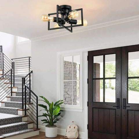 4 Light Matte Black Sputnik Style Semi Flush Mount Ceiling Light With E26 Base in modern entryway with stairs and potted plant