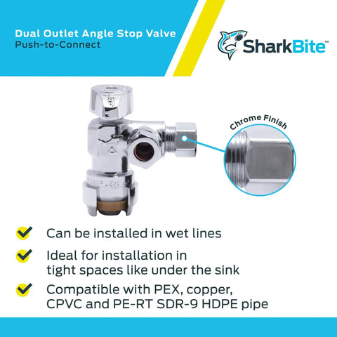 Brass Push To Connect Dual Outlet Angle Stop Valve With Compression Fittings Half Inch By Three Eighths Inch, chrome finish