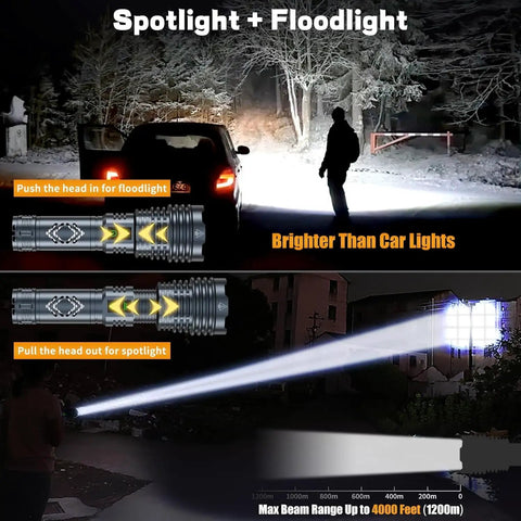 Ultra Bright 155,000 Lumen Rechargeable Flashlight With Zoomable Beam, illuminating outdoors at night, 1200m beam.
