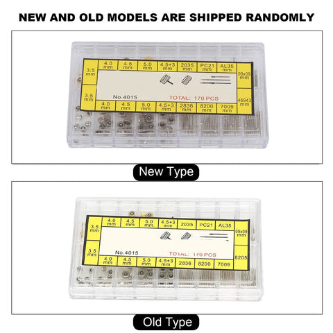 Two models of Pro Grade Watch Stem Extender And Crown Replacement Parts Kit With Storage Box showcasing different type labels.