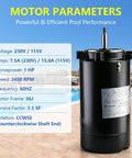 Heavy Duty One Horsepower Swimming Pool Pump Motor Drop In Replacement For Hayward And Jacuzzi Pumps showing motor specs beside a pool.