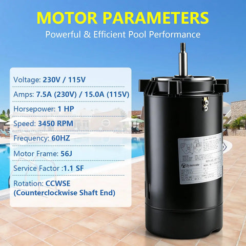 Heavy Duty One Horsepower Swimming Pool Pump Motor Drop In Replacement For Hayward And Jacuzzi Pumps showing motor specs beside a pool.