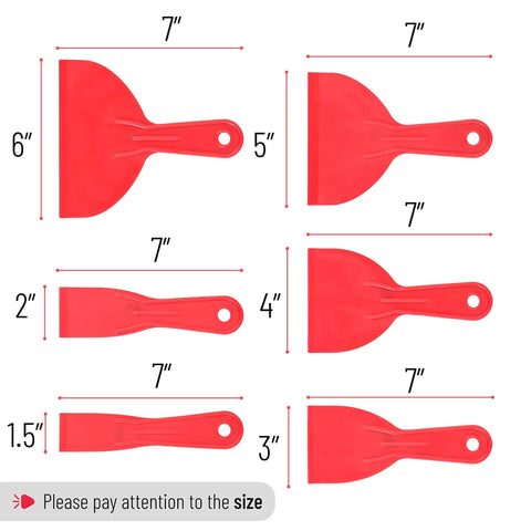 Image of Six Pack Plastic Putty Knife Set with 1.5 to 6 inch flexible, solvent-resistant scrapers in red.