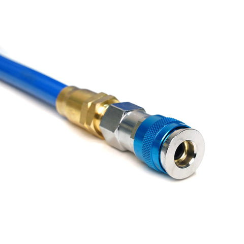 Close-up of 25 Foot Coiled Air Hose 3/8 Inch ID With Reusable 1/4 Inch NPT Brass Fittings and Quick Connect AMT Style Coupler