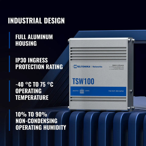 TSW100 Industrial PoE Plus Unmanaged Ethernet Switch with IP30 rating and aluminum housing