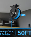Retractable Air Hose Reel With Fifty Feet Of Three Eighths Inch Hybrid Hose Auto Rewind Heavy Duty Steel Construction 300 PSI Max Ceiling Mount