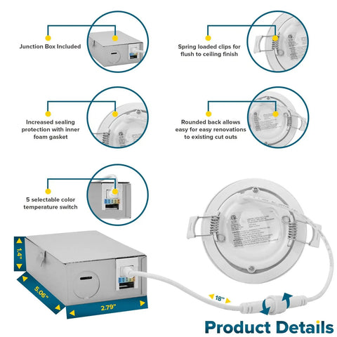 Ultra Thin 3 Inch LED Recessed Lighting Kit With Junction Box 5 Color Temp, 8W 540 Lumens, Product Details Diagram