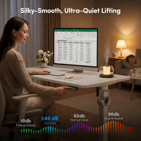 Woman using 32 Inch Electric Standing Desk With Adjustable Height From Sitting To Standing in cozy home office setup at night.