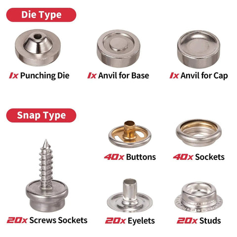 Die and snap types for Heavy Duty Snap Fastener Tool With Adjustable Plier And 3 Dies 40 Sets 15mm Buttons For Boat Covers